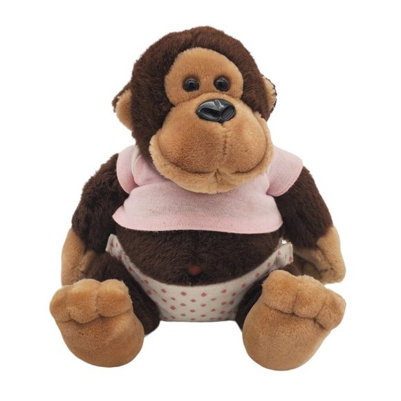 VTG Dakin Brown Baby Gorilla Monkey Plush Diaper Pink Shirt 1985 No Pacifier Toy - Picture 1 of 11